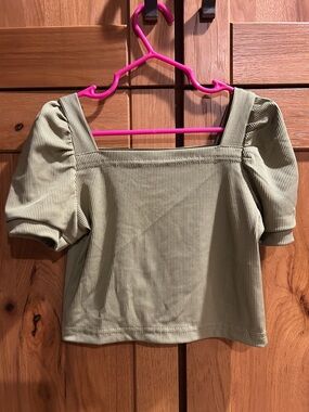 Square Neck Puff Sleeve Top - Olive Green
